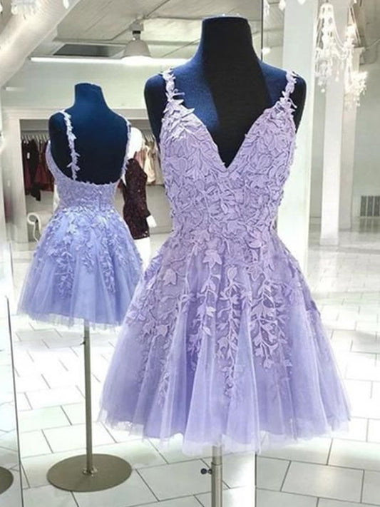 A-Line/Princess Tulle Applique V-neck Sleeveless Short/Mini Dresses