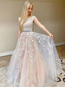 A-Line/Princess Tulle Applique Bateau Sleeveless Floor-Length Dresses