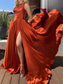 A-Line/Princess Silk Like Satin Ruffles One-Shoulder Sleeveless Sweep/Brush Train Dresses