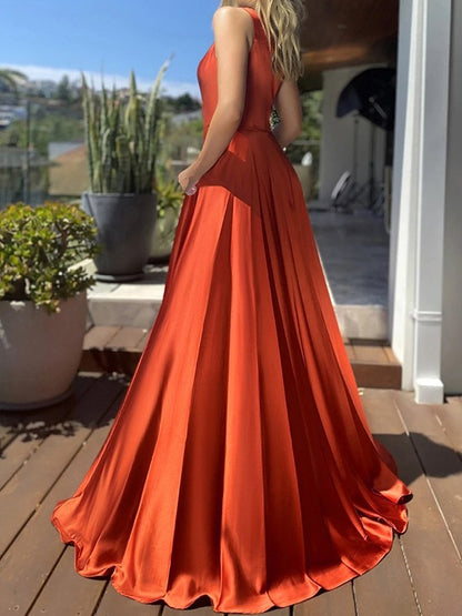 A-Line/Princess Silk Like Satin Ruffles One-Shoulder Sleeveless Sweep/Brush Train Dresses