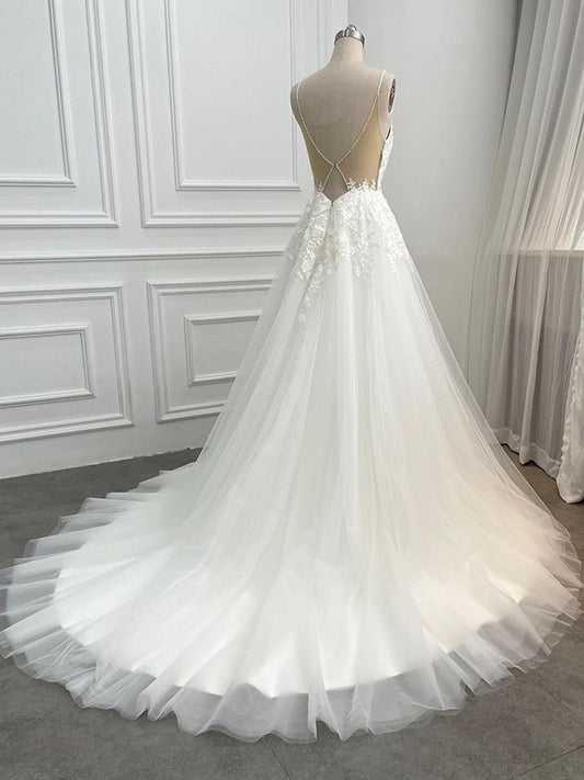 A-Line/Princess Tulle Applique V-neck Sleeveless Chapel Train Wedding Dresses