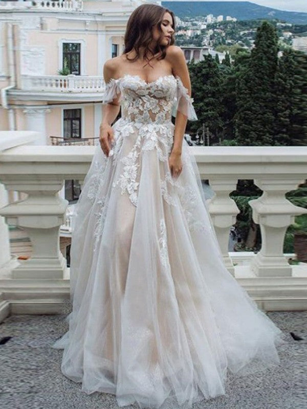 A-Line/Princess Lace Applique Off-the-Shoulder Sleeveless Sweep/Brush Train Wedding Dresses