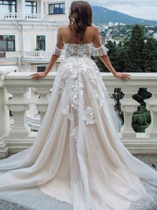 A-Line/Princess Lace Applique Off-the-Shoulder Sleeveless Sweep/Brush Train Wedding Dresses