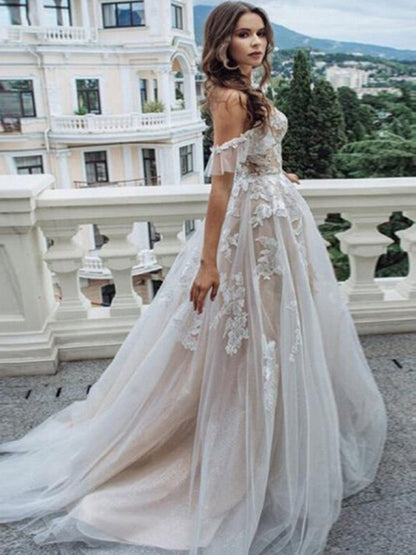 A-Line/Princess Lace Applique Off-the-Shoulder Sleeveless Sweep/Brush Train Wedding Dresses