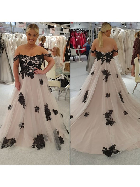 A-Line/Princess Tulle Applique Off-the-Shoulder Sleeveless Sweep/Brush Train Wedding Dresses