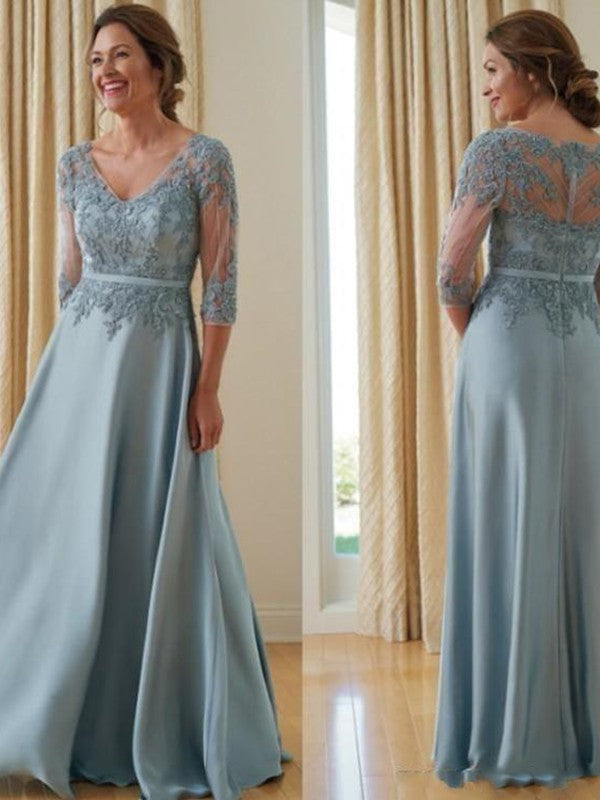 A-Line/Princess Satin Applique V-neck 3/4 Sleeves Floor-Length Mother of the Bride Dresses