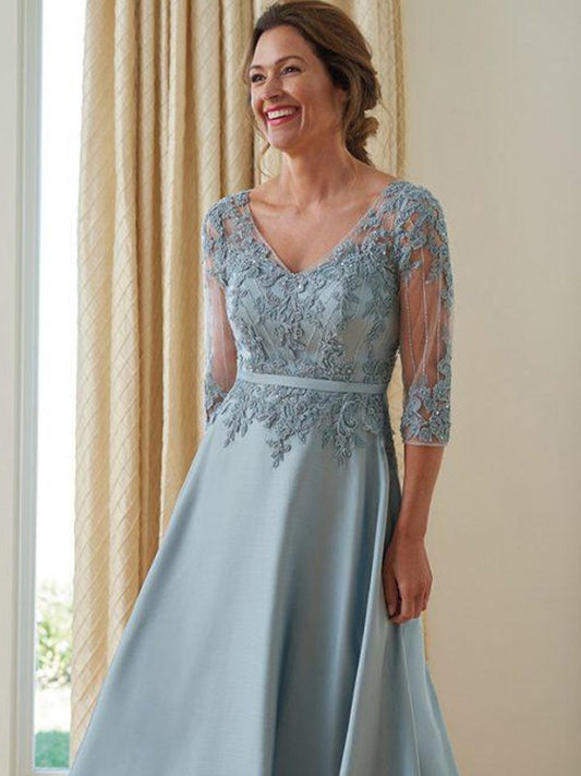 A-Line/Princess Satin Applique V-neck 3/4 Sleeves Floor-Length Mother of the Bride Dresses