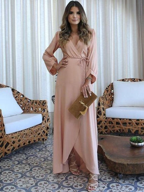 A-Line/Princess Silk like Satin Ruched V-neck Long Sleeves Floor-Length Mother of the Bride Dresses