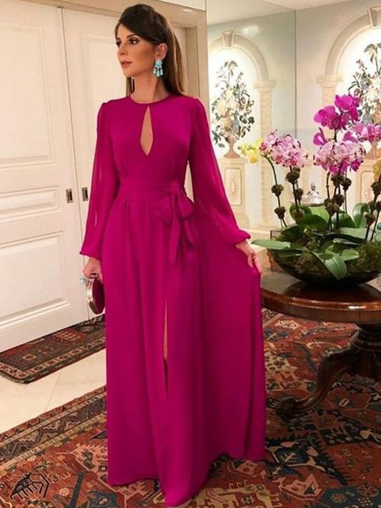 A-Line/Princess Chiffon Ruched Scoop Long Sleeves Floor-Length Mother of the Bride Dresses