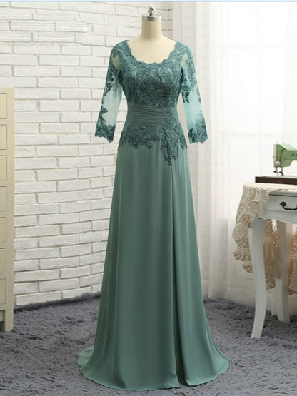 A-Line/Princess Chiffon Applique Scoop 3/4 Sleeves Sweep/Brush Train Mother of the Bride Dresses