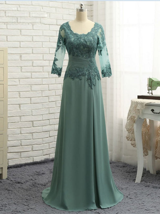 A-Line/Princess Chiffon Applique Scoop 3/4 Sleeves Sweep/Brush Train Mother of the Bride Dresses