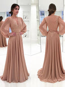 A-Line/Princess Chiffon Lace V-neck Long Sleeves Sweep/Brush Train Mother of the Bride Dresses