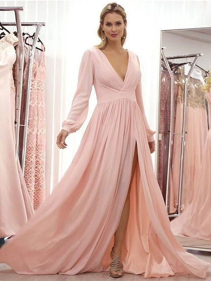 A-Line/Princess Chiffon Ruffles V-neck Long Sleeves Sweep/Brush Train Mother of the Bride Dresses