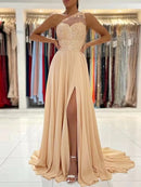 A-Line/Princess Chiffon Lace One-Shoulder Sleeveless Sweep/Brush Train Dresses