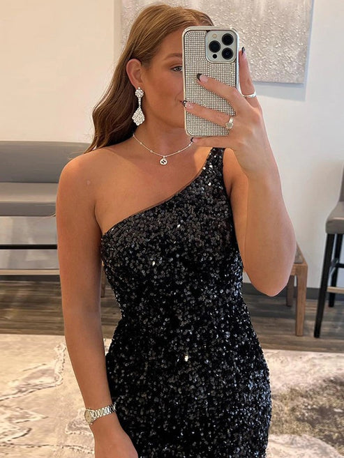 Sheath/Column One-Shoulder Sleeveless Short/Mini Elastic Satin Homecoming Dresses