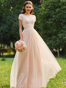 A-Line/Princess Tulle Lace Scoop Short Sleeves Floor-Length Bridesmaid Dresses