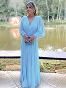 Mother of the Bride Dresses A-Line Princess Chiffon Ruffles V-neck Long Sleeves Floor-Length