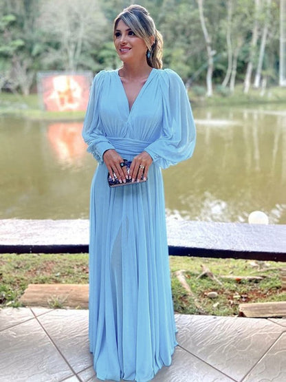 Mother of the Bride Dresses A-Line Princess Chiffon Ruffles V-neck Long Sleeves Floor-Length