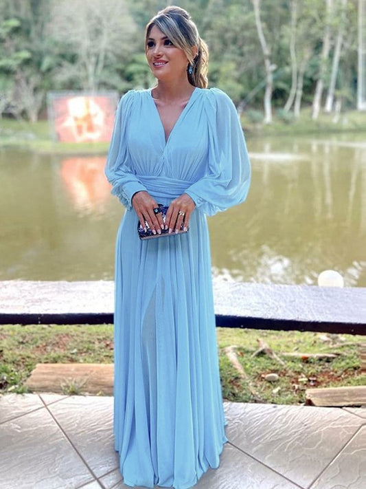 Mother of the Bride Dresses A-Line Princess Chiffon Ruffles V-neck Long Sleeves Floor-Length