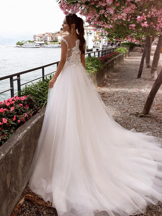 A-Line/Princess Tulle Applique Bateau Sleeveless Court Train Wedding Dresses