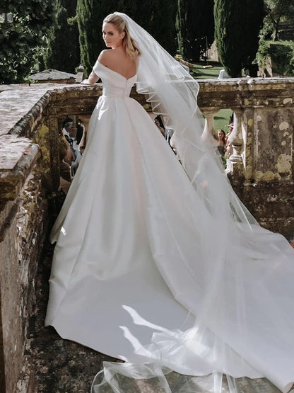 A-Line/Princess Satin Ruched Off-the-Shoulder Sleeveless Cathedral Train Wedding Dresses