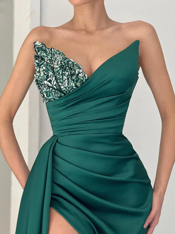 Sheath/Column  Woven Satin Ruched Sweetheart Sleeveless Court Train Dresses