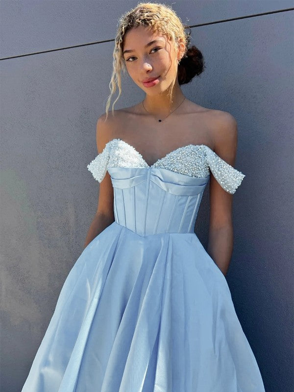 A-Line/Princess Satin Ruffles Off-the-Shoulder Sleeveless Sweep/Brush Train Dresses