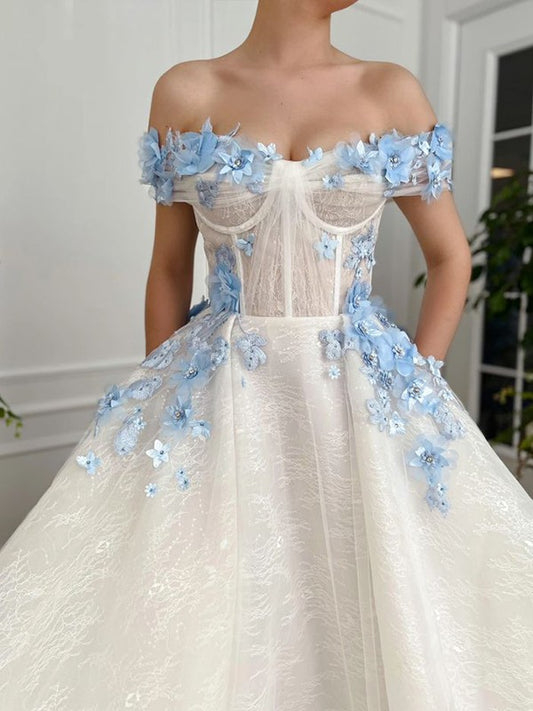 A-Line/Princess Lace Hand-Made Flower Off-the-Shoulder Sleeveless Floor-Length Dresses