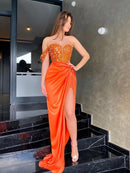 Sheath/Column  Woven Satin Ruched One-Shoulder Sleeveless Sweep/Brush Train Dresses