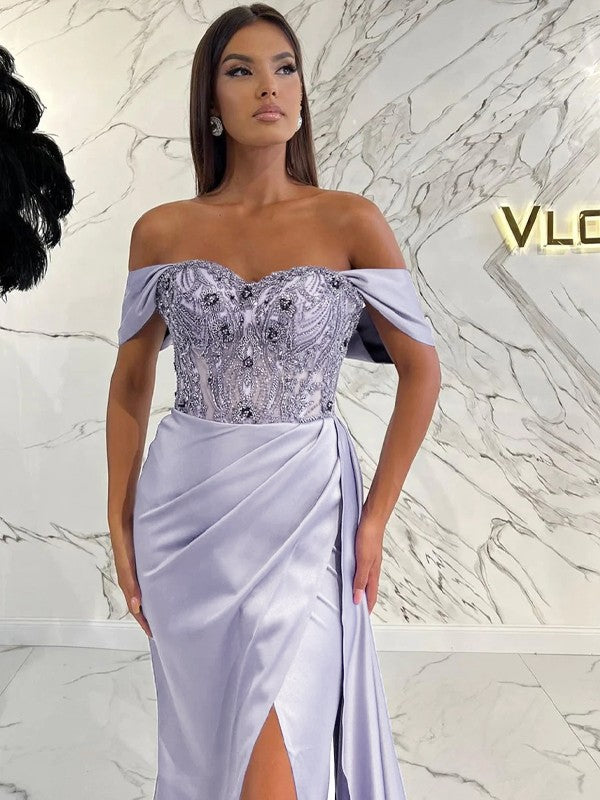 Sheath/Column  Woven Satin Ruched Off-the-Shoulder Sleeveless Sweep/Brush Train Dresses