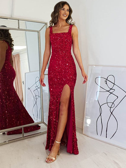 Sheath/Column Velvet Sequins Straps Sleeveless Floor-Length Dresses