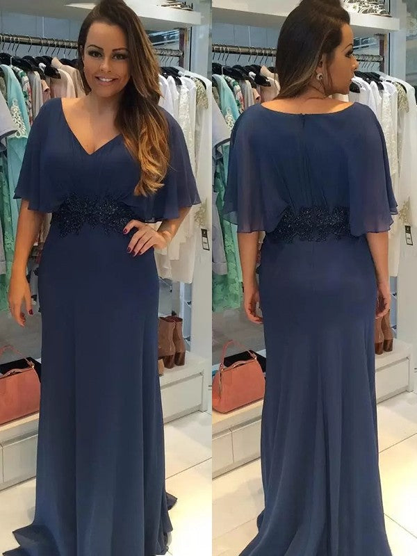 Sheath/Column Chiffon Applique V-neck Short Sleeves Sweep/Brush Train Mother of the Bride Dresses