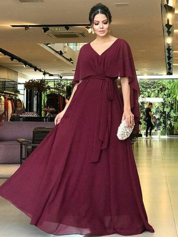 A-Line/Princess Chiffon Sash/Ribbon/Belt V-neck Short Sleeves Floor-Length Mother of the Bride Dresses