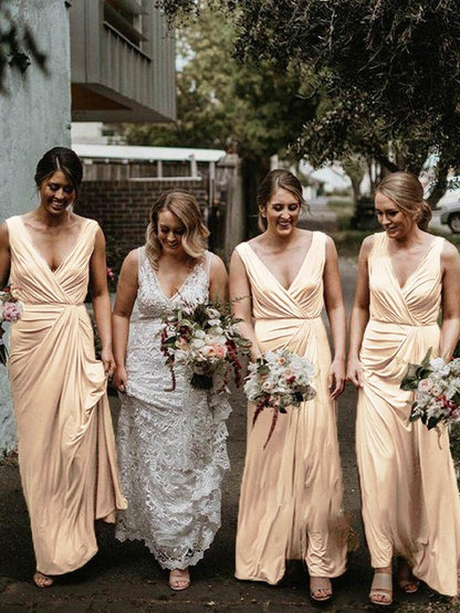 Sheath/Column Jersey Ruched V-neck Sleeveless Floor-Length Bridesmaid Dresses