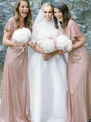 Sheath/Column Silk like Satin Ruched V-neck Short Sleeves Floor-Length Bridesmaid Dresses