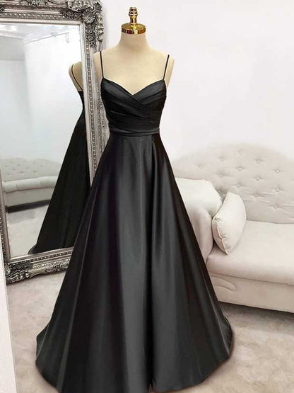 A-Line/Princess  Woven Satin Ruffles V-neck Sleeveless Sweep/Brush Train Dresses