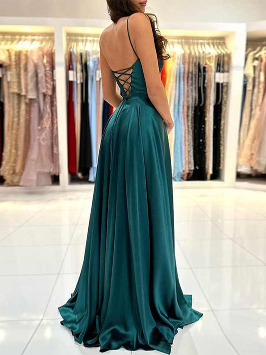 A-Line/Princess Silk like Satin Ruffles Spaghetti Straps Sleeveless Floor-Length Dresses