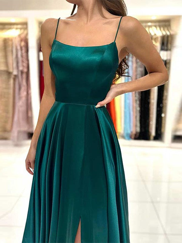 A-Line/Princess Silk like Satin Ruffles Spaghetti Straps Sleeveless Floor-Length Dresses