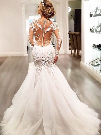 Trumpet/Mermaid V-neck Long Sleeves Lace Court Train Tulle Wedding Dresses