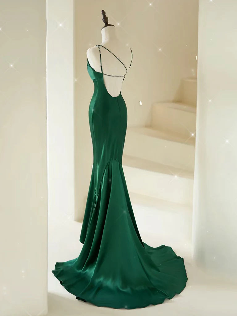 Mermaid Cultivate oneself V Neck Satin Green Long Prom Dress Long Irregular Elegant Party dress