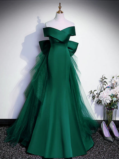 Mermaid Cultivate oneself Satin Long Prom Dress Off Shoulder Removable Chiffon trailing Fantastic Party dress