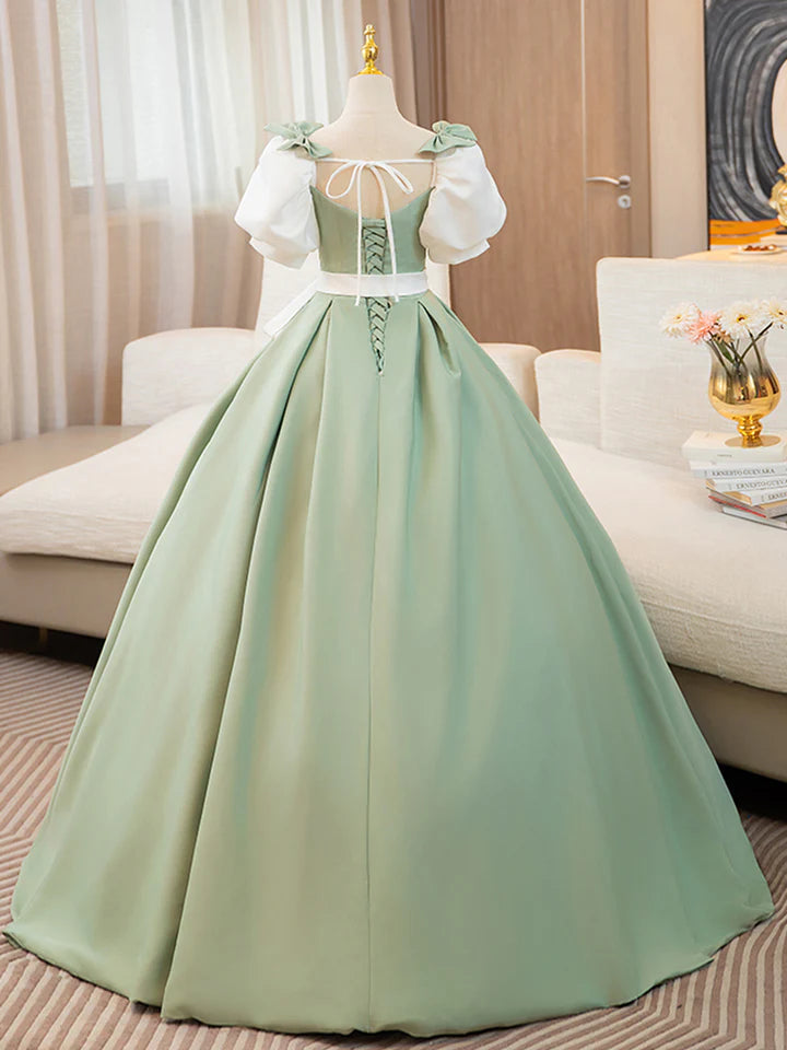 A-line  Prom Dress Puff Sleeves Satin Color Blocking Long Lace up Fresh lovely Dress