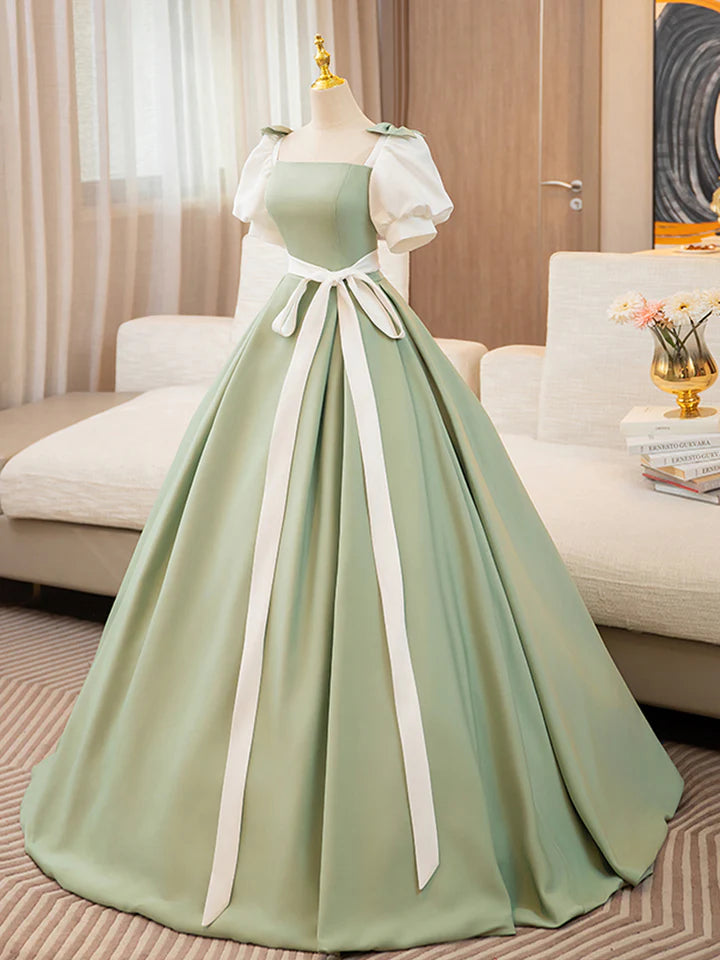 A-line  Prom Dress Puff Sleeves Satin Color Blocking Long Lace up Fresh lovely Dress