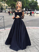 Ball Gown Long Sleeves Bateau Satin Floor-Length Dresses