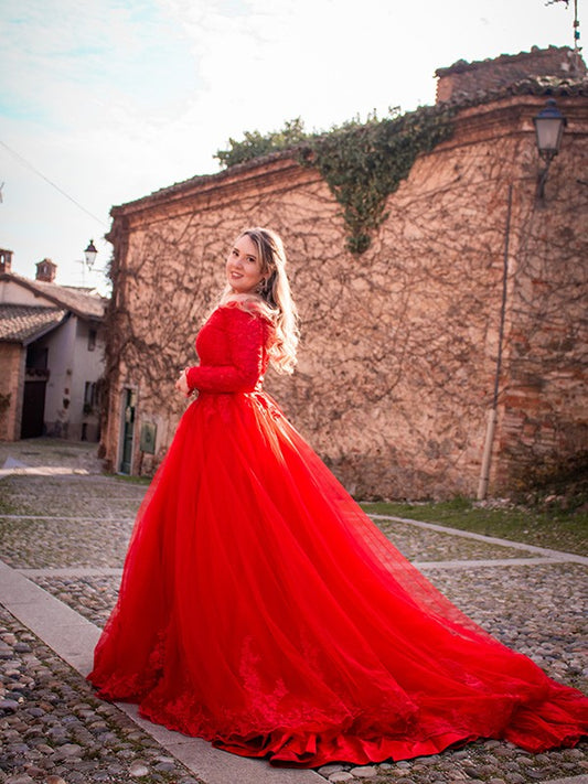 Ball Gown Tulle Long Sleeves Lace Off-the-Shoulder Court Train Dresses