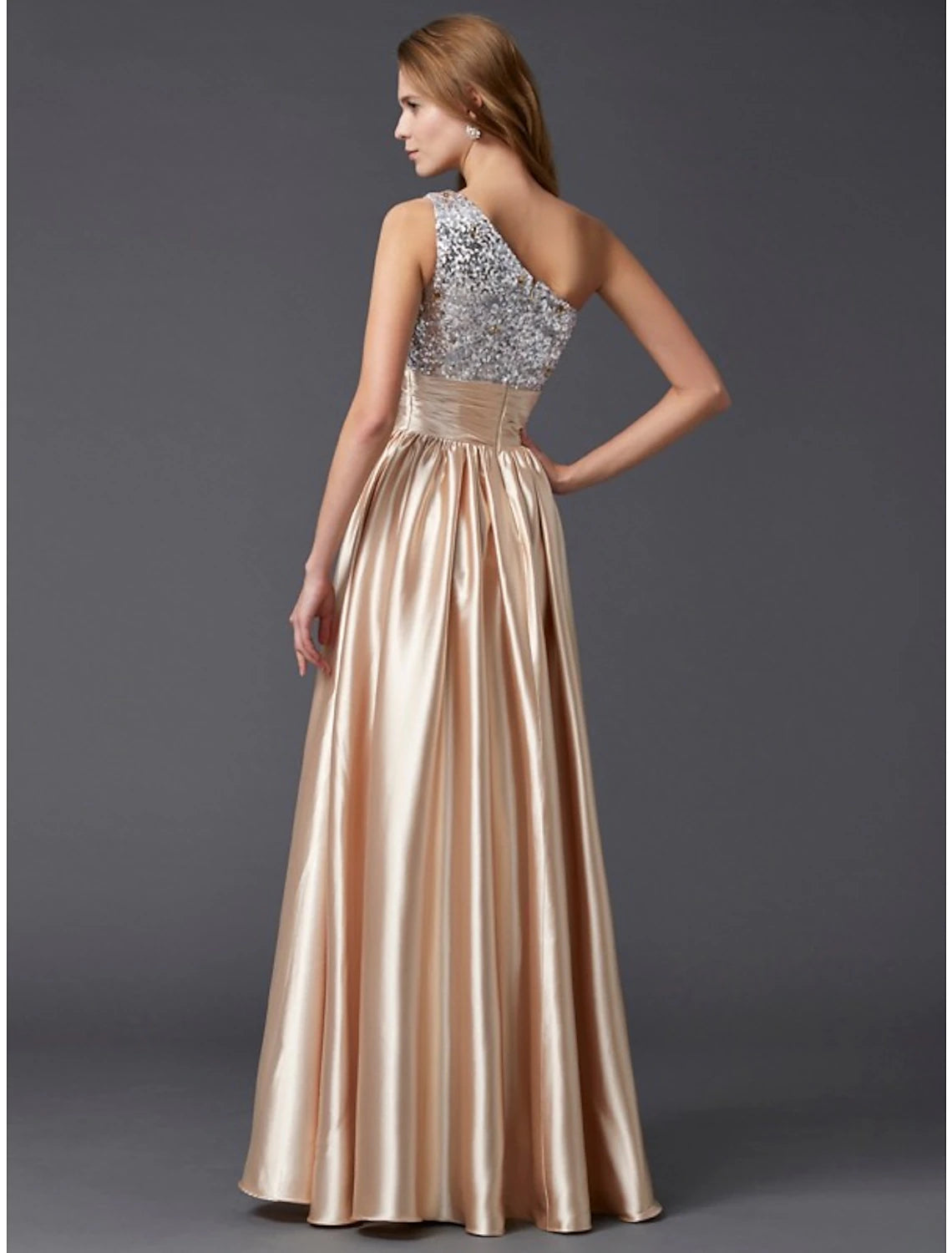 A-Line Prom Dresses Sparkle & Shine Dress Party Wear Wedding Party Floor Length Sleeveless One Shoulder Charmeuse with Pleats Sequin