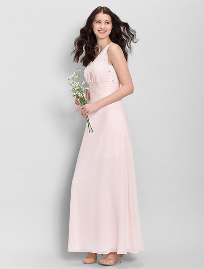 Sheath / Column Bridesmaid Dress One Shoulder Sleeveless Elegant Ankle Length Chiffon with Beading