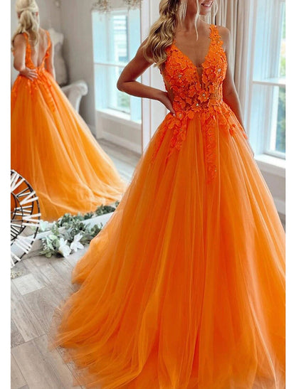 A-Line Prom Dresses Open Back Dress Formal Wedding Guest Floor Length Sleeveless V Neck Tulle Backless with Pleats Beading Appliques