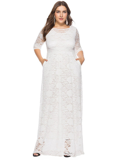 Sheath / Column Plus Size White Holiday Wedding Guest Dress Jewel Neck Half Sleeve Floor Length Lace with Lace Insert