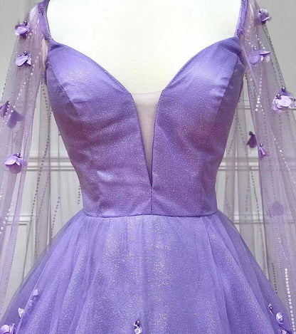 Prom Dress Lavender Floral Lace A-Line with Cape Sleeves A Line Sweetheart Tiered Tulle Long With Slit